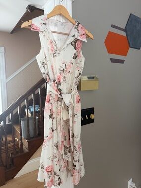 Floral Sleeveless Tie-Waist Midi Dress - Cream with Pink Roses